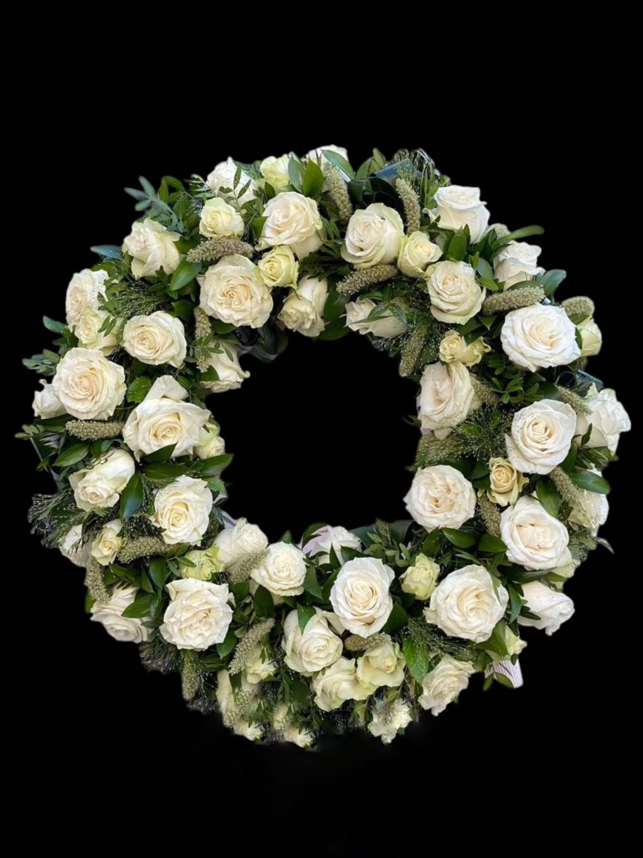 Coroană funerară supremă din trandafiri albi